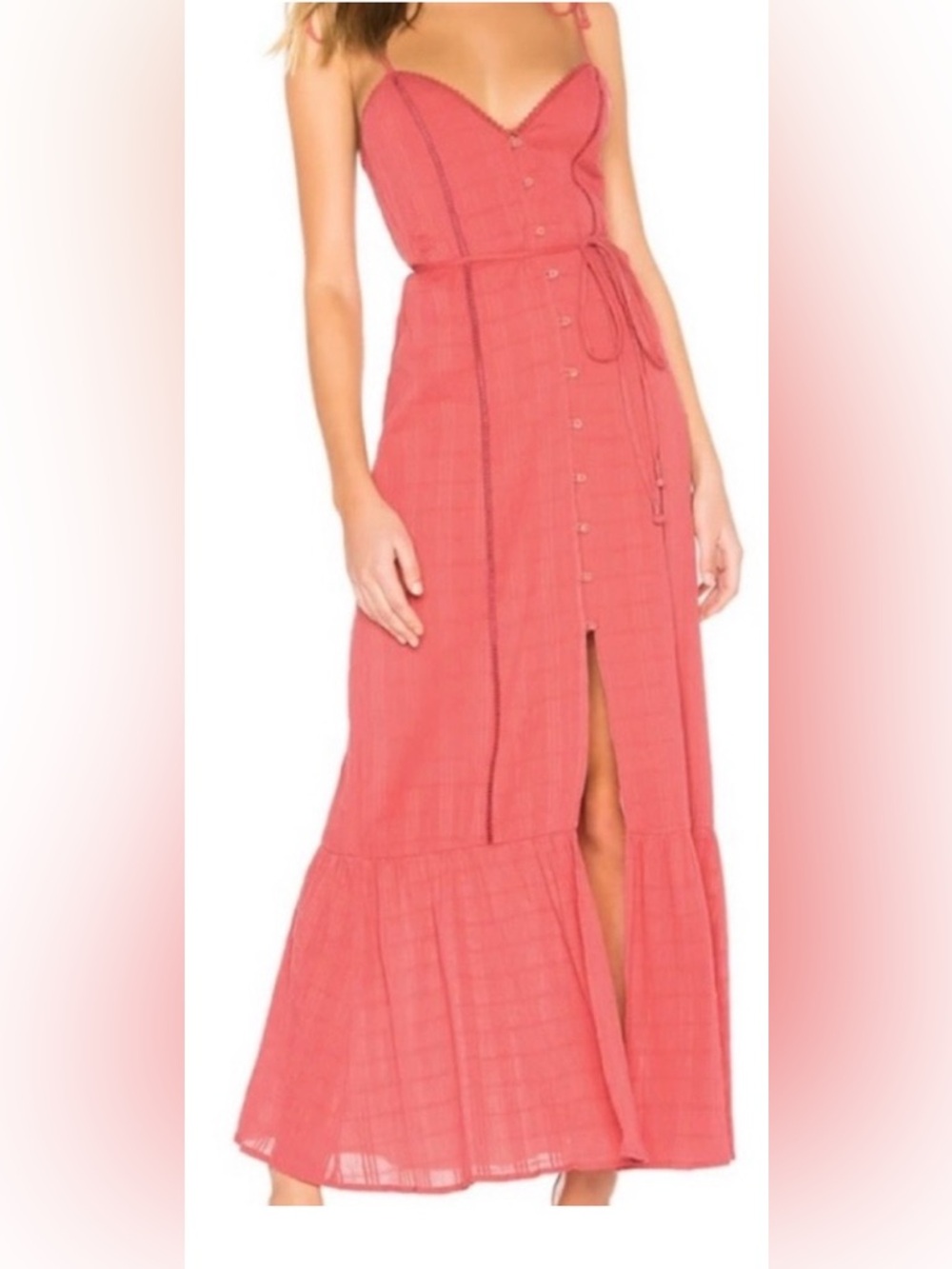 Tularosa Villa Dress Coral Pink Smocked Tie Strap Maxi Size Small EUC no belt